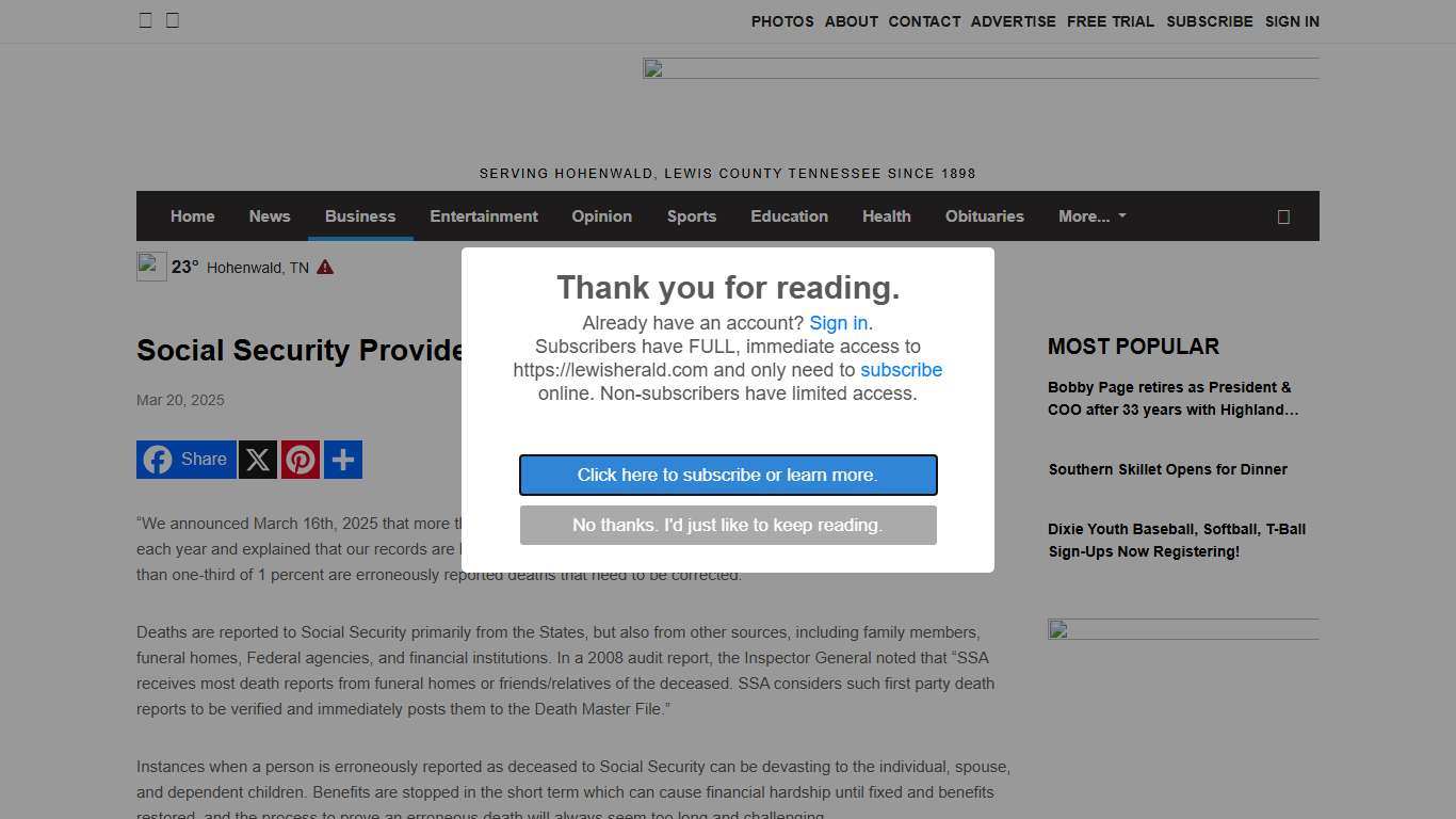 Social Security Provides Update About its Death Record - Lewis County Herald