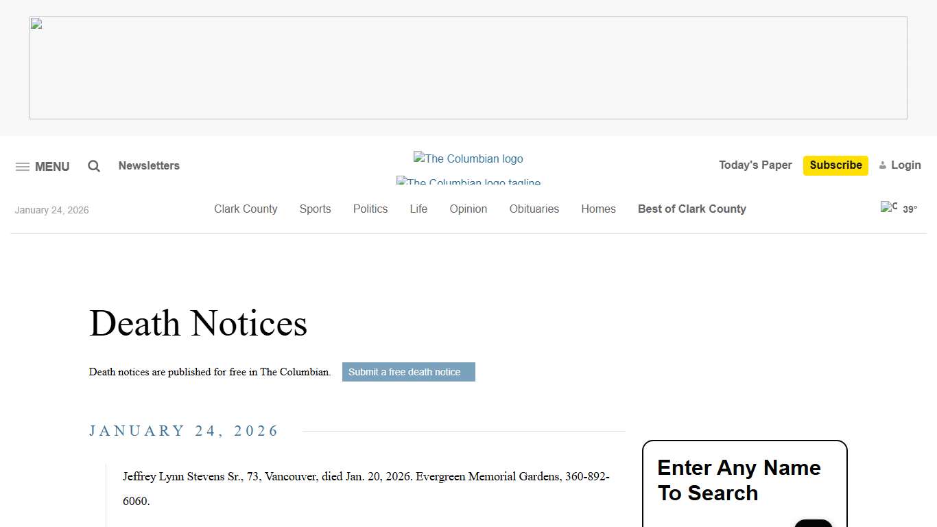 Death Notices - The Columbian